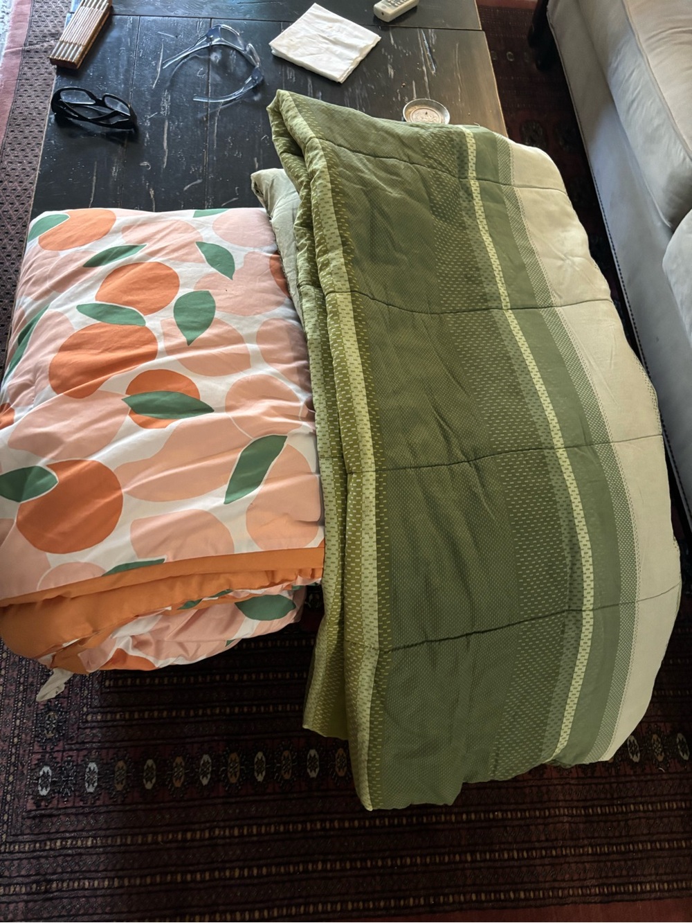 Green Striped Queen Reversible Comforter and Peach Floral Queen Comforter